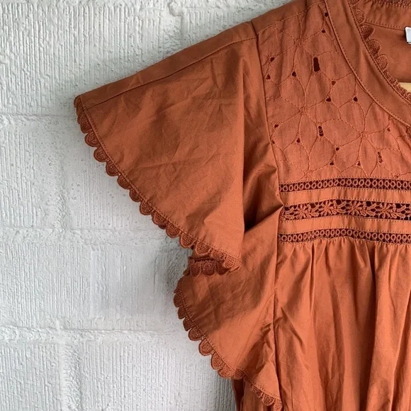 Secret Mission Bartolina Ruffled Cotton Crochet Flutter Sleeve Pocket Dress sz L - Picture 8 of 16